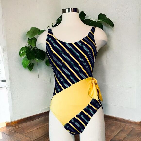 Vintage Mainstream Union Bow One Piece Small Stripe Bathing Suit Swim - Picture 1 of 6